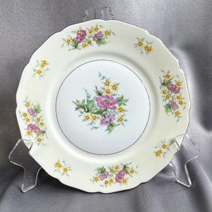 Set of 4 Black Knight Germany Yellow Pink Floral Gold Trim Dinner Plates 10"